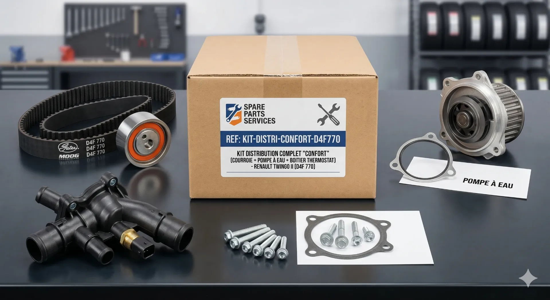 [KDC-REN-D4F770] KIT DISTRIBUTION "CONFORT" (COURROIE + POMPE À EAU + BOITIER THERMOSTAT) – MOTEUR D4F 770 – RENAULT TWINGO II (CN0)