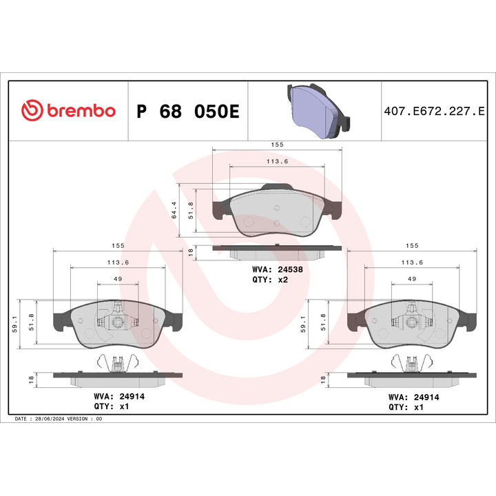 [SPSP68050E] plaquettes de frein AV Brembo – Moteur K9K 876 – Dacia Duster II